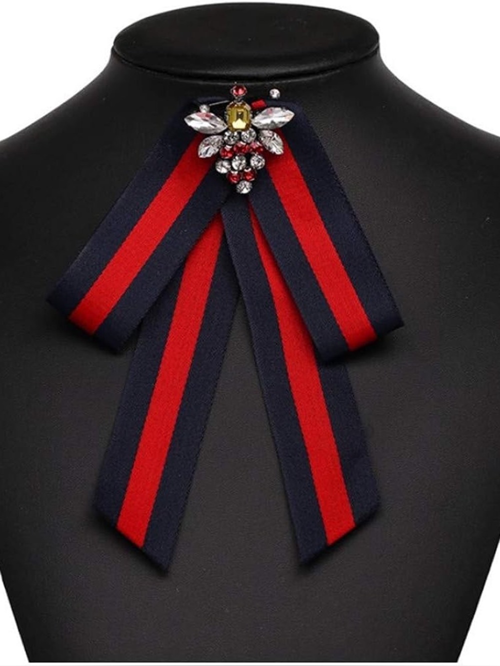Vintage Inspired Bee Brooch Pin – Red & Navy Stripe Statement Bow Rhinestone
